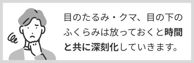 目のたるみ・クマ、目の下のふくらみは放っておくと時間と共に深刻化していきます。